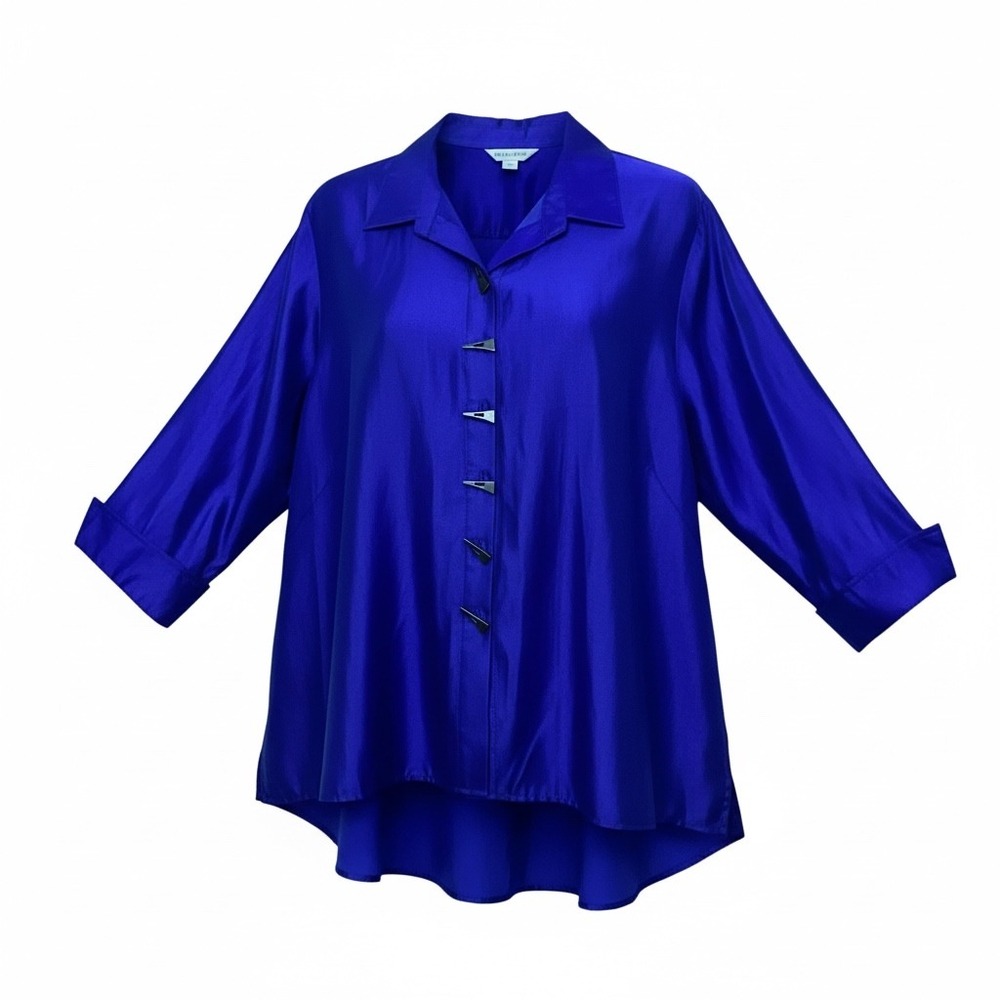 Multiples Royal Blue Satin Toggle Button Blouse Petite XL Cuffed Sleeve High-Low